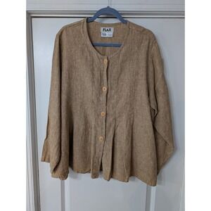 FLAX Womens 100% Linen Button Front  Shirt Tan Large boxy neutral minimalist